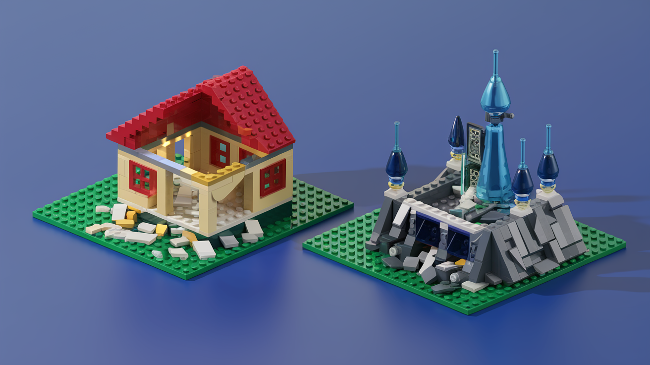 An old (lego) house being torn down and a shiny space castle being build